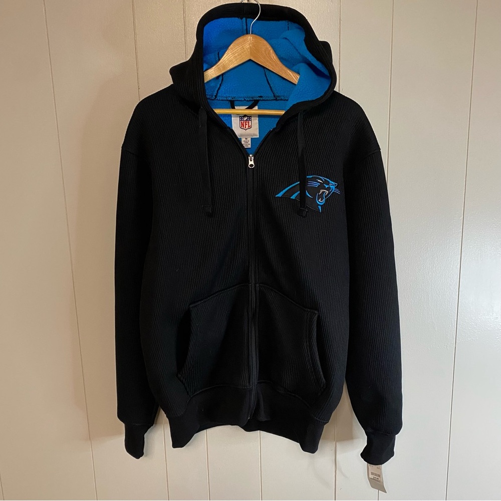 NFL CAROLINA PANTHERS RIBBED KNIT EMBROIDERED ZIP UP HOODIE SIZE M